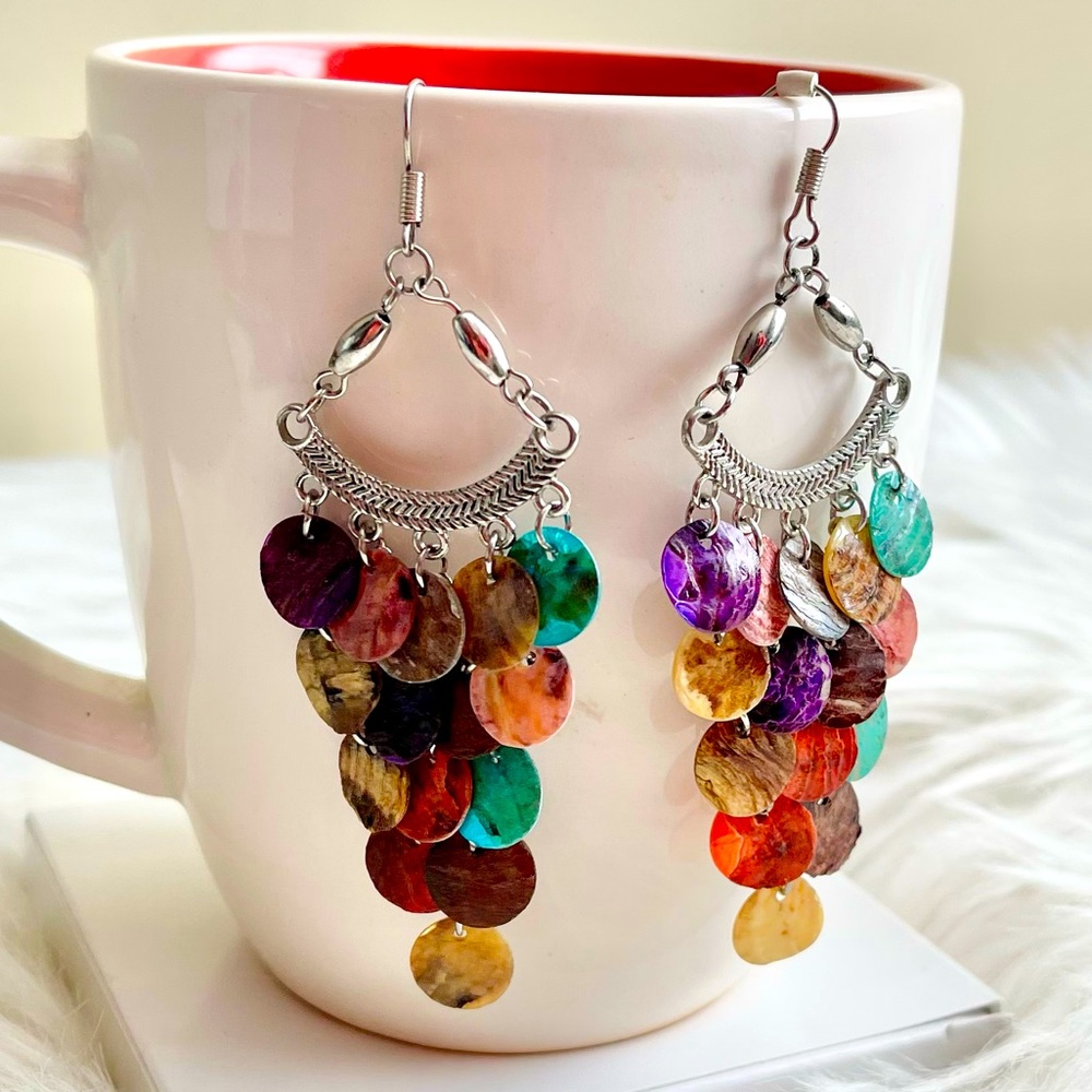 NWOT Capiz Shell Style Tiered Silver Multi color Earrings